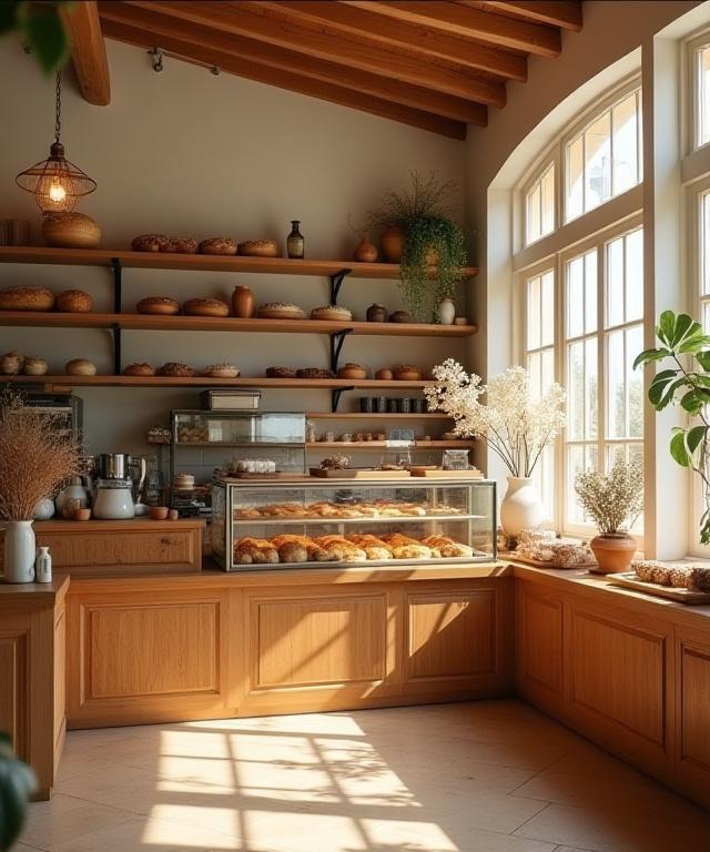 Interior cálido y acogedor de la panadería Pan Palma, mostrando el mostrador de madera con productos.