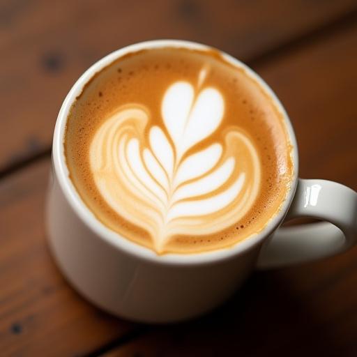 Una taza de capuchino con arte latte en forma de hoja.