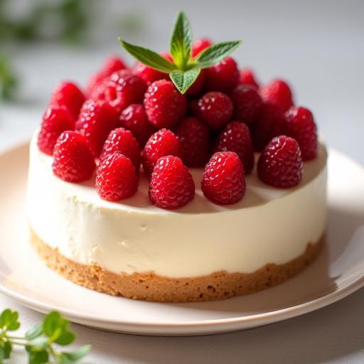 Delicada tarta de queso decorada con frutas rojas frescas.